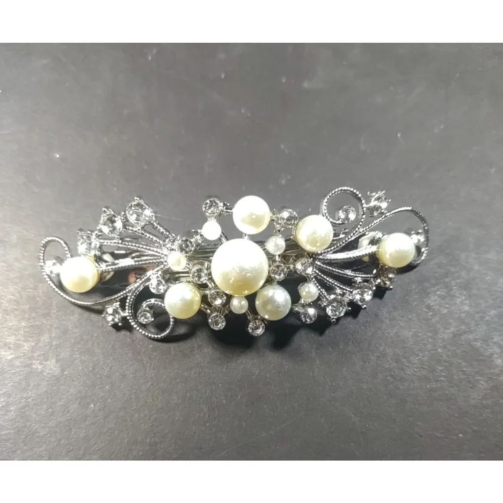 Moon And Stars Hair Barrettes Tension Clip Faux Pearls Rhinestone Silver Tone...